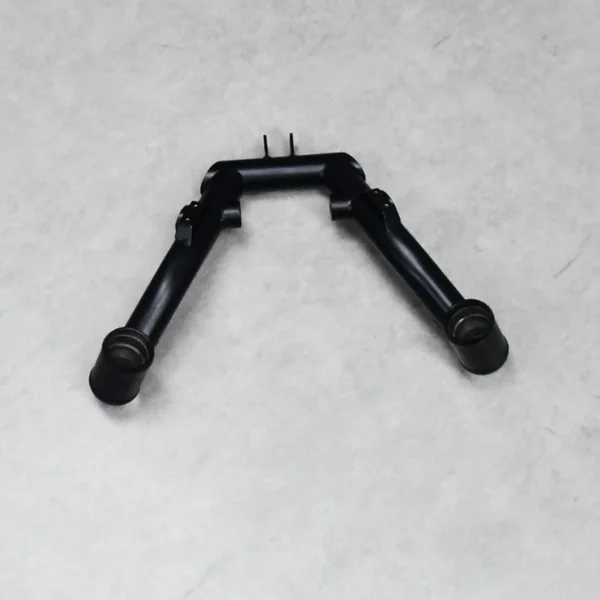 Front view of a black automobile control arm, engineered for optimal suspension control.