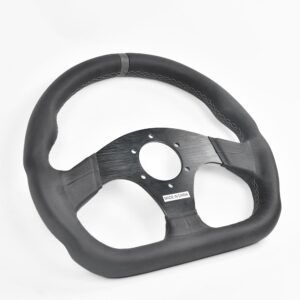Flat bottom steering wheel, designed for enhanced grip and driving control in racing and performance vehicles.