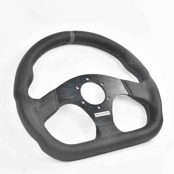 Flat bottom steering wheel, designed for enhanced grip and driving control in racing and performance vehicles.