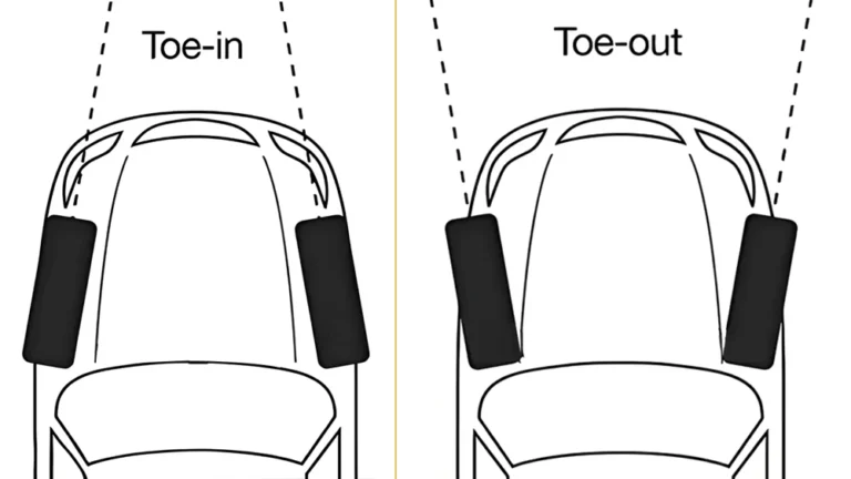 Diagram showing toe-in and toe-out wheel alignment differences related to bump steer