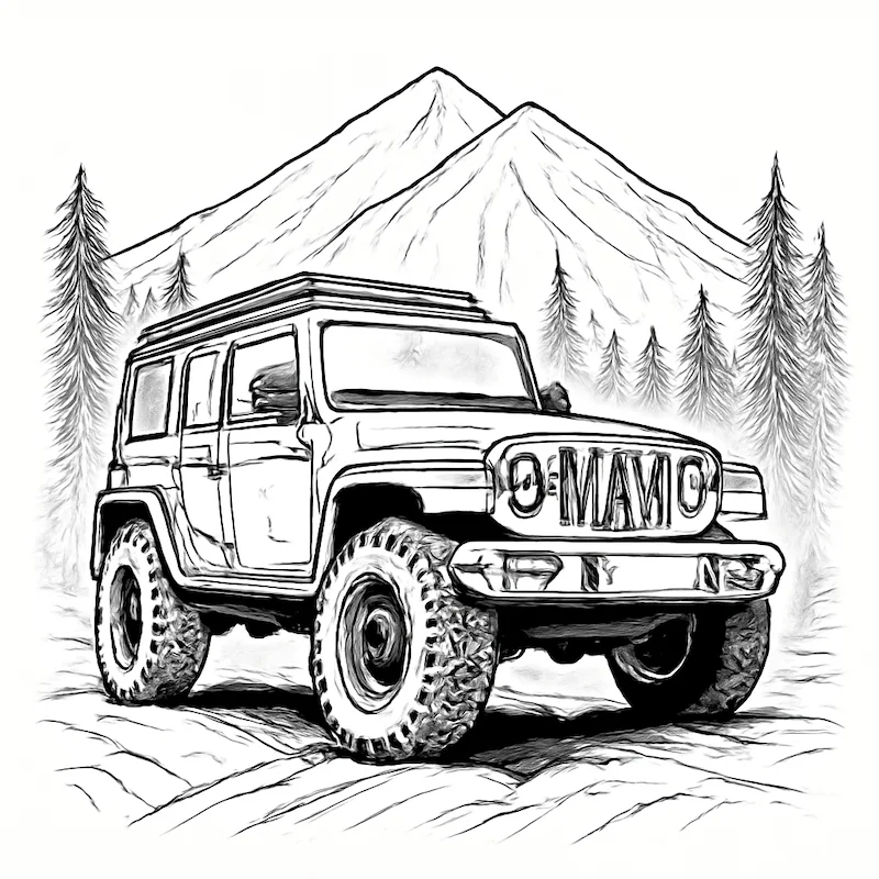 Line drawing of a rugged Jeep Wrangler off-road vehicle in an alpine landscape with towering mountains in the background.