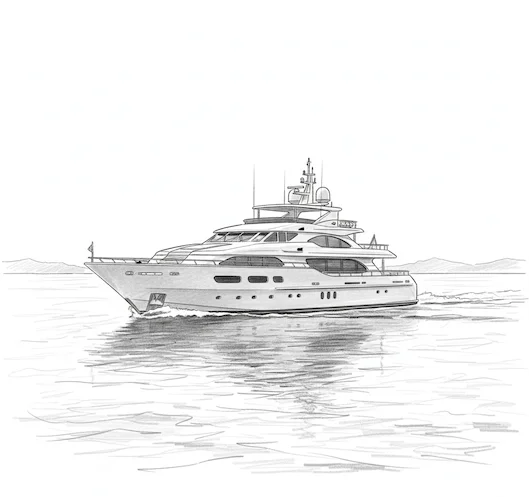 Hand-drawn pencil sketch of a luxury yacht