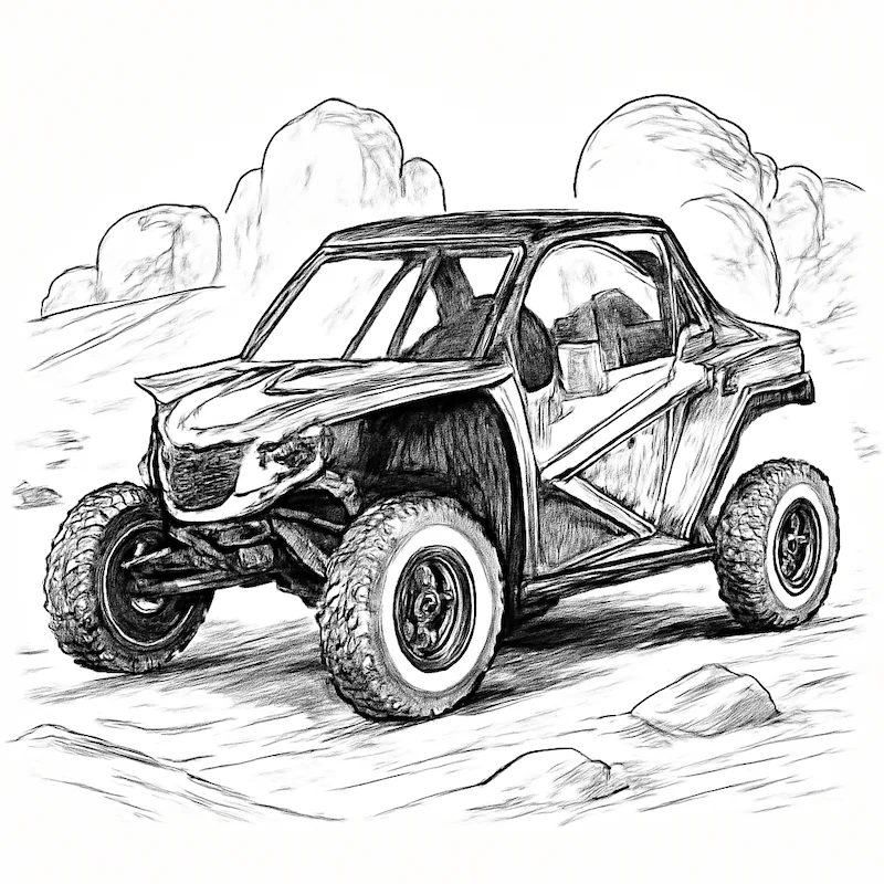 Line drawing of an all-terrain UTV in a rugged desert landscape with rocks and sand dunes in the background.