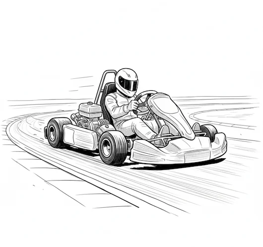 Black and white sketch of a go-kart with a driver racing on a curved track.