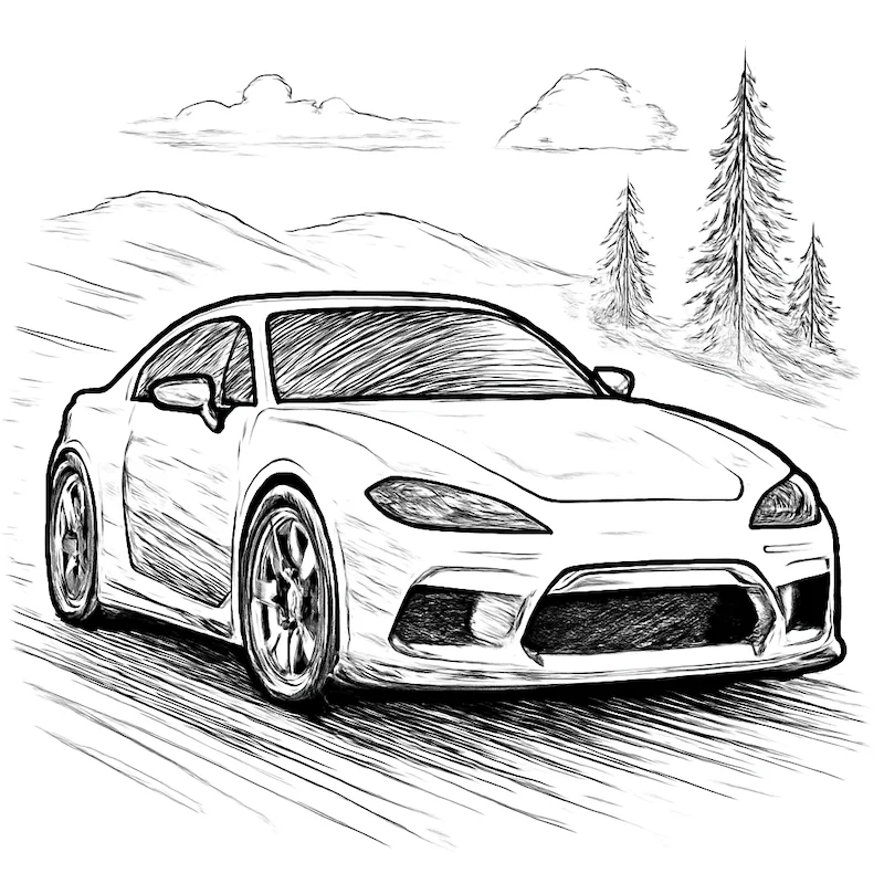 A black-and-white pen-and-ink sketch of a sports car speeding through a landscape with detailed wheel design.