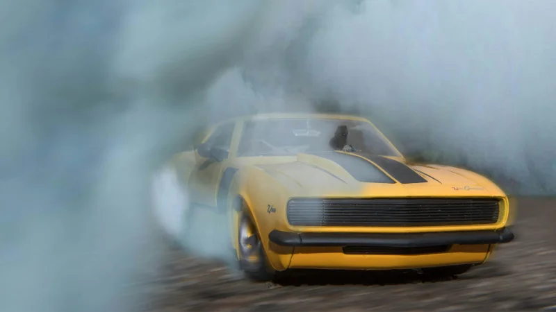 A yellow muscle car drifting through smoke on a dirt road.