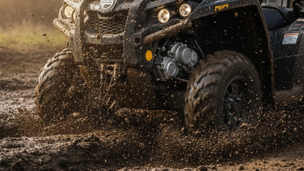 Debris entering an ATV's engine bay without a front grille.
