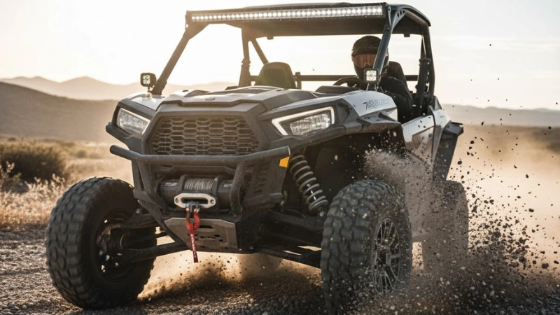UTV driving on harsh rocky terrain with mud and debris flying around.