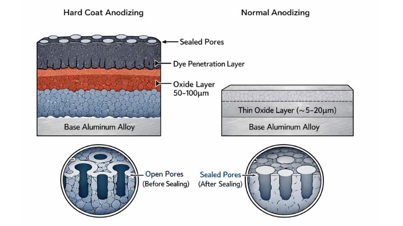 Cross-section comparison of hard coat anodizing vs normal anodizing showing oxide layer thickness and pore structure