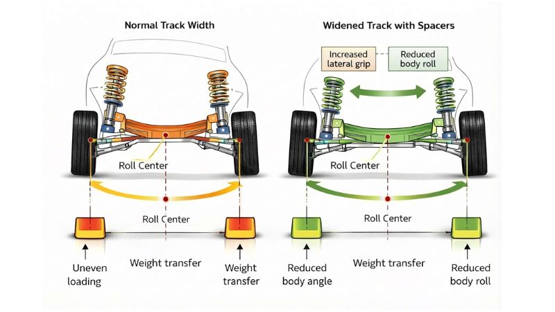 Vehicle dynamics comparison showing how wheel spacers affect roll center, weight transfer, and cornering stability