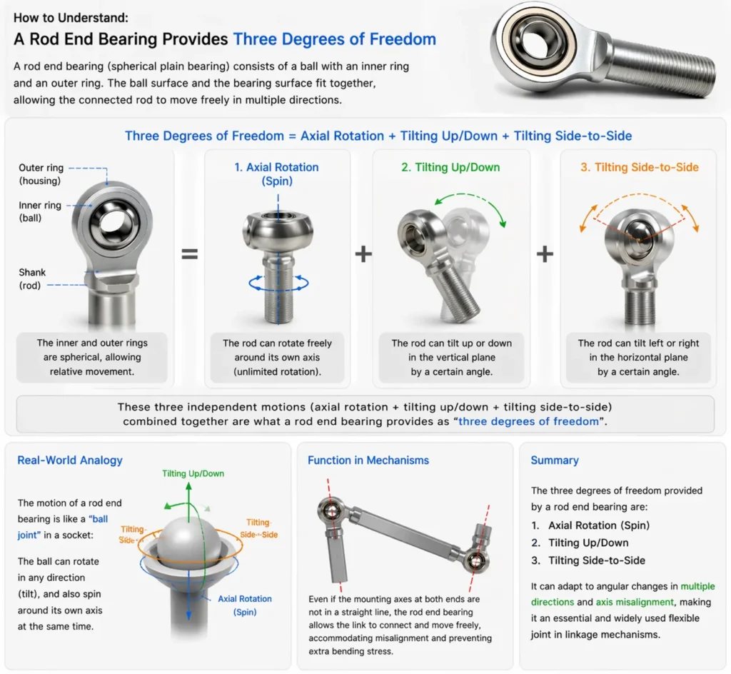 Diagram showing how a rod end bearing provides three degrees of freedom