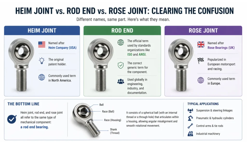 Infographic comparing Heim Joint, Rod End, and Rose Joint bearings. Shows simplified rod-end bearing diagrams, origin (USA, UK, ISO/ANSI), common usage, component labels (ball, race, shank), key function, and typical industrial applications.