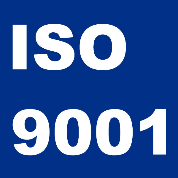 ISO 9001 certification logo on a blue background with bold white lettering