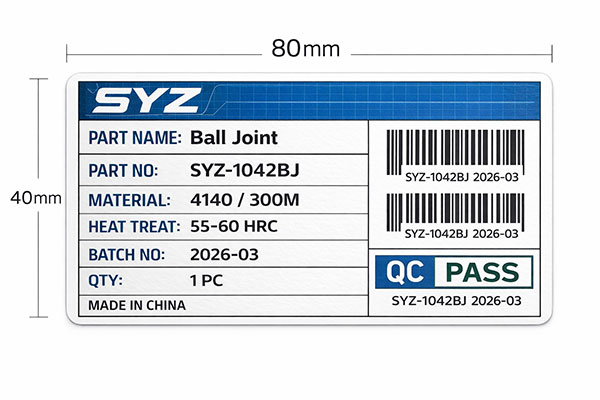 Product label for a Ball Joint showing specs: Part no SYZ-1042BJ, material 4140/300M, heat treat 55–60 HRC, batch 2026-03, qty 1 PC, Made in China, with two barcodes and a QC PASS badge.