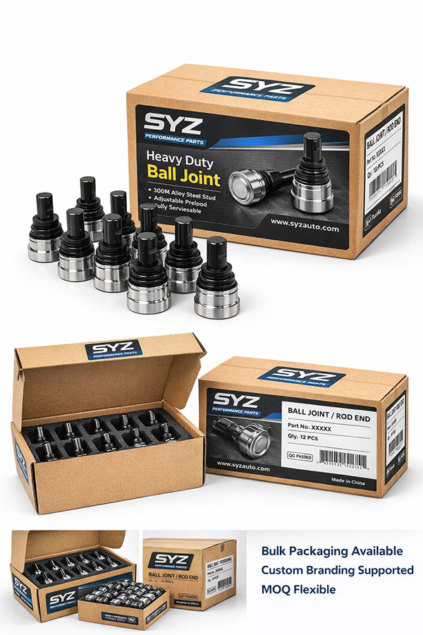 SYZ Heavy Duty Ball Joint set with multiple metal joints and a brown box labeled SYZ Performance Parts.