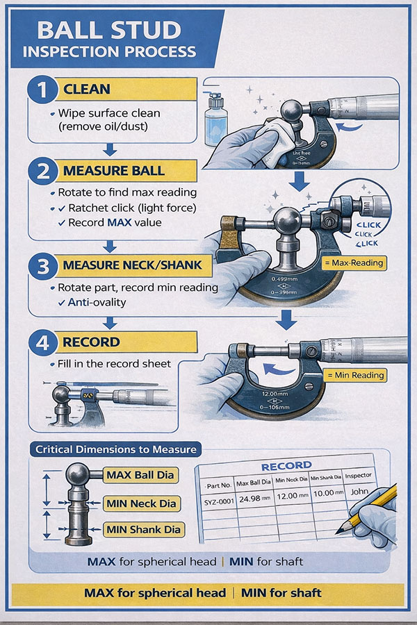 Poster showing the ball stud inspection process with four steps: Clean, Measure Ball, Measure Neck/Shank, Record; includes gauges and diagrams of tools and today’s measurements.