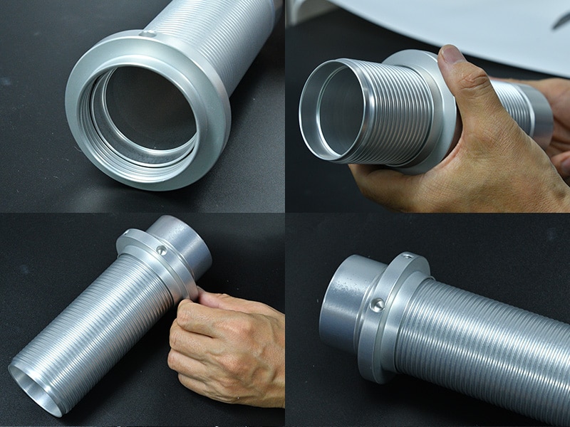 Four-panel collage of a silver threaded metal pipe connector being assembled by a hand on a dark surface.