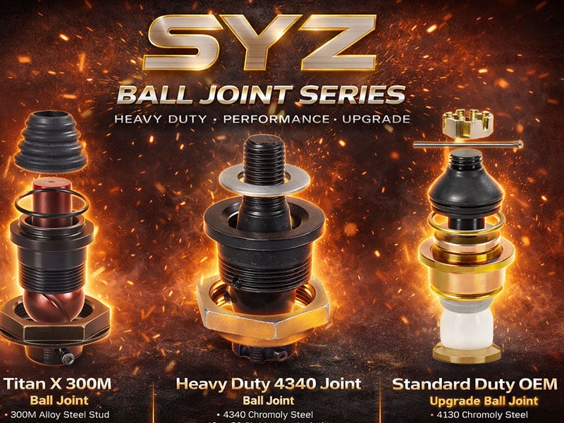 SYZ Ball Joint Series ad showing three ball joints: Titan X 300M, Heavy Duty 4340, and Standard Duty OEM Upgrade, with a fiery background.
