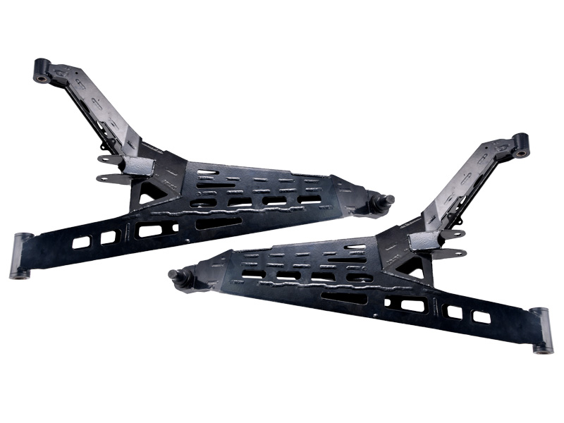 Pair of dark metal rear suspension arms with perforated slots laid out in a crossed configuration on a white background