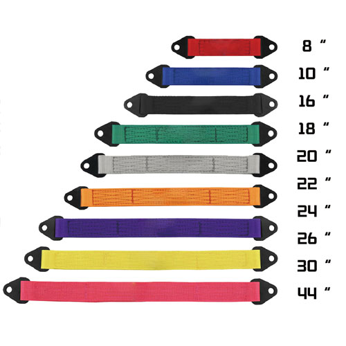 Color-coded lifting straps with metal ends displayed in a vertical stack, showing sizes from 8" to 44" on the right as a length chart.