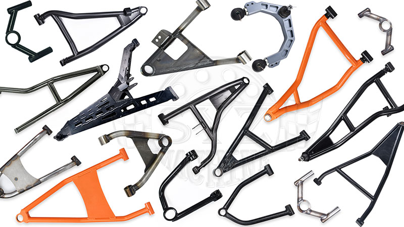 Assorted bicycle frames and frame components laid out on a white background.