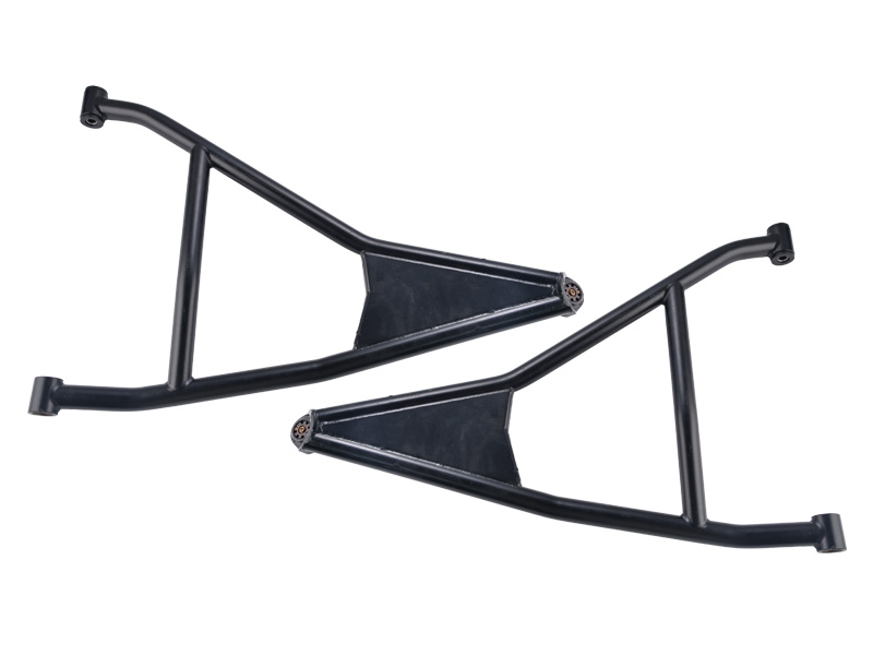 Black dual-triangle bicycle frame without wheels, laid flat for display.