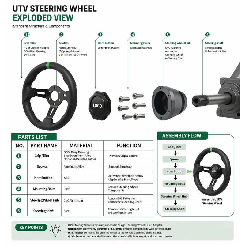 Exploded view of a UTV steering wheel with labeled parts and a parts list, plus an assembly flow diagram.